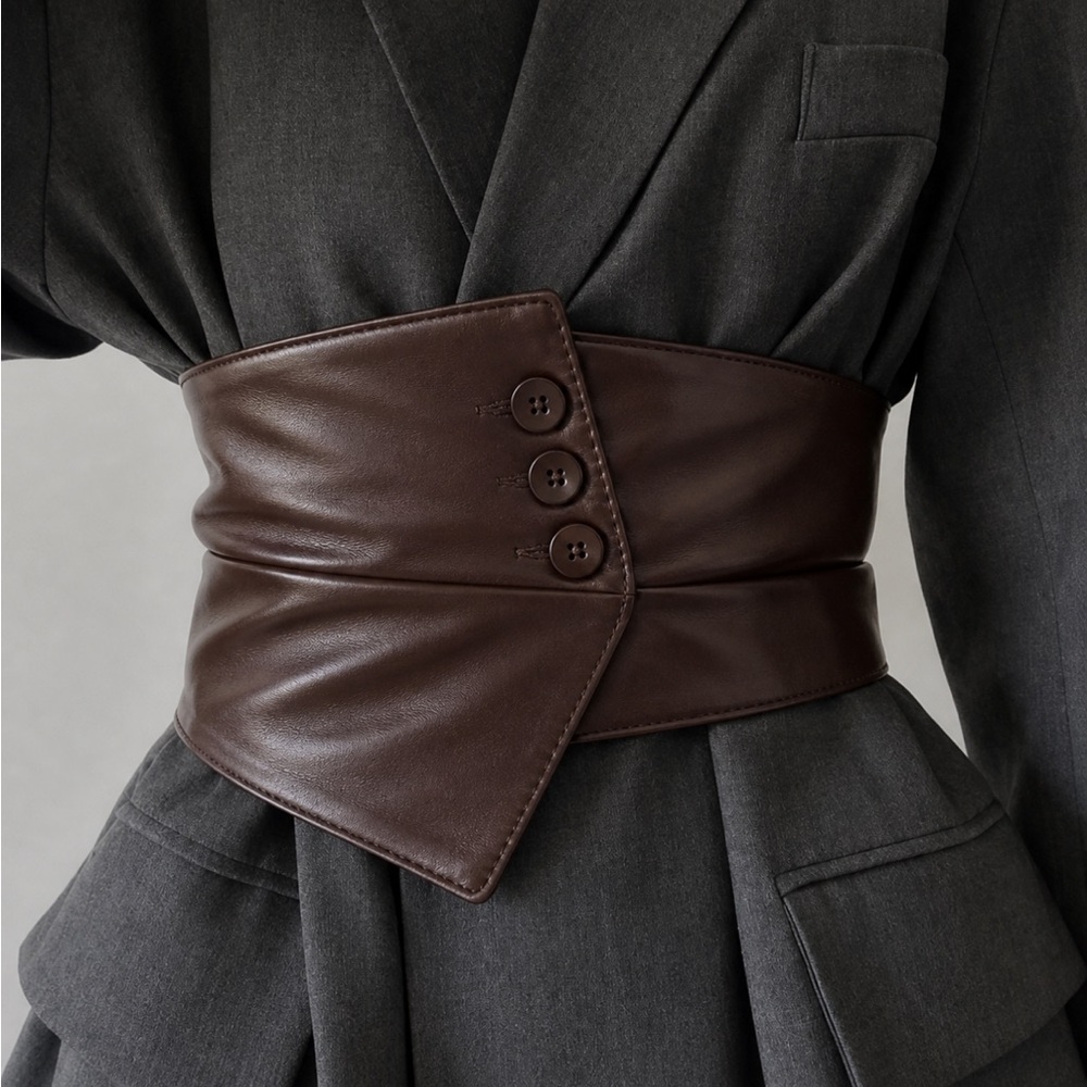 Vegan Leather Wide Corset Assymetrical Belt in Light Brown - Picture 6 of 12